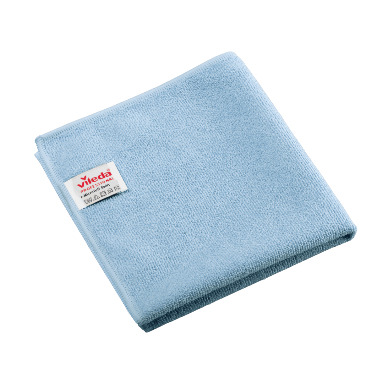 Διπλωμένο μπλε πανί μικροϊνών Vileda Professional r-MicroTuff Swift με ραμμένη λευκή ετικέτα, στην οποία αναγράφονται το όνομα της μάρκας και τα σύμβολα φροντίδας.