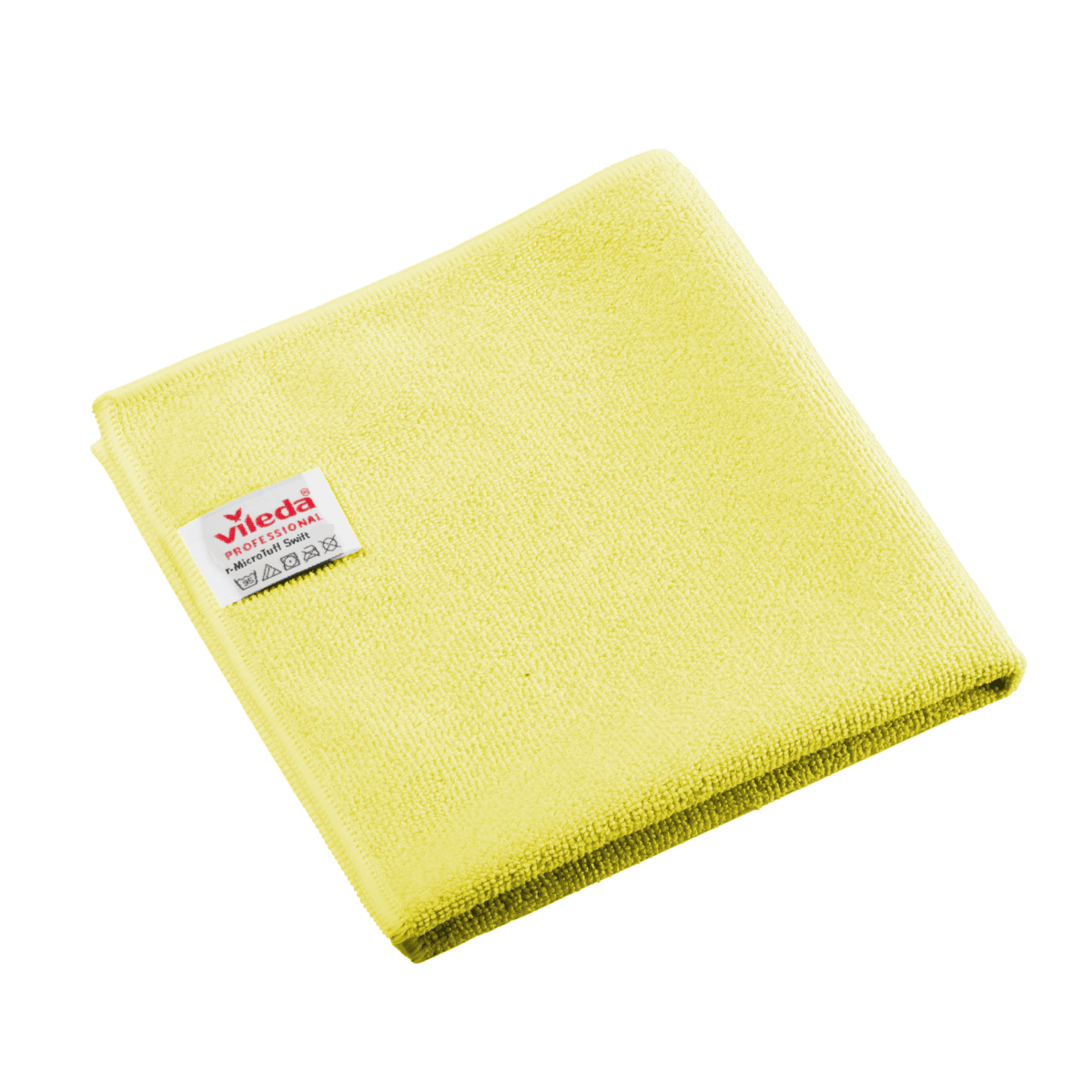 Διπλωμένο κίτρινο πανί μικροϊνών Vileda Professional r-MicroTuff Swift με ραμμένη λευκή ετικέτα.