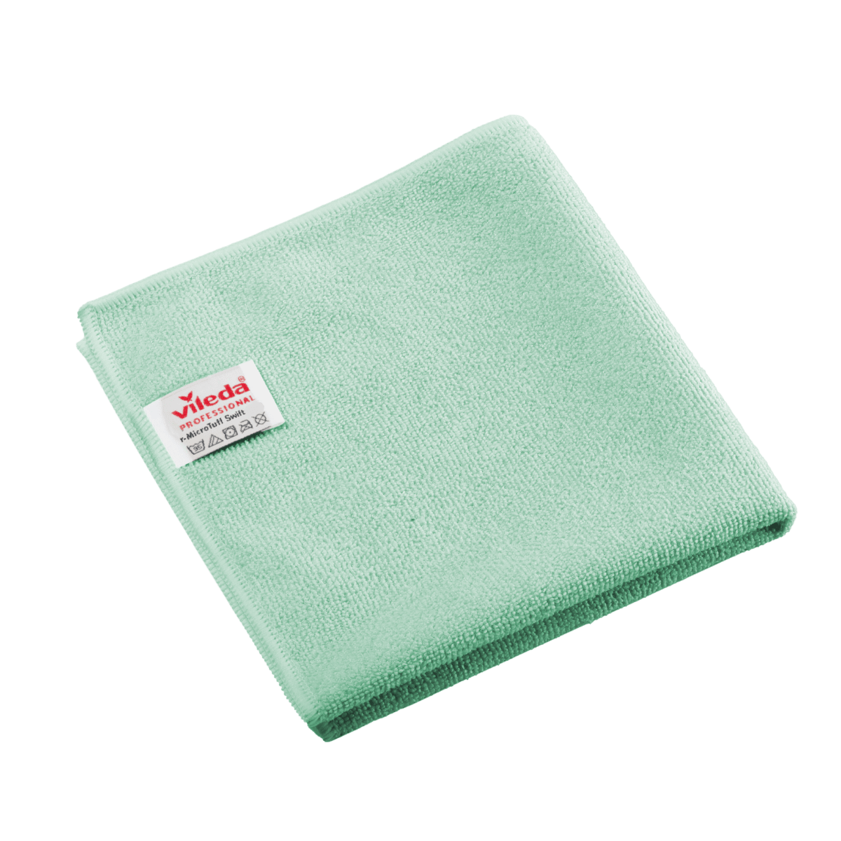 Διπλωμένο πράσινο πανί μικροϊνών Vileda Professional r-MicroTuff Swift με ραμμένη λευκή ετικέτα.