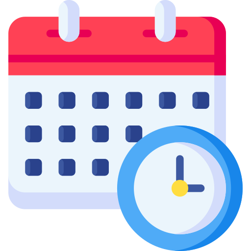 Ein Symbol, das einen Kalender mit einem roten oberen Rand und einem weißen Raster mit blauen Quadraten zeigt, die Daten darstellen. In der unteren rechten Ecke befindet sich eine blaue Uhr mit gelben Zeigern, die 3 Uhr anzeigen.