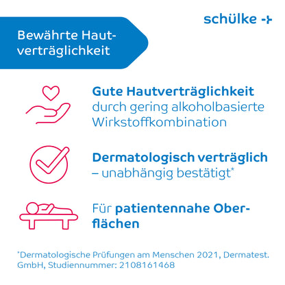 Μια αφίσα πληροφοριών της Schülke & Mayr GmbH με τρεις ισχυρισμούς για τα Schülke Mikrozid® universal wipes Desinfektionstücher premium: «Καλή συμβατότητα με το δέρμα» με εικονίδιο καρδιάς στο χέρι, «Δερματολογικά συμβατό» με εικονίδιο τσεκ και «Για επιφάνειες κοντά στον ασθενή» με εικονίδιο ασθενούς, ιδανικό για ταχεία απολύμανση.