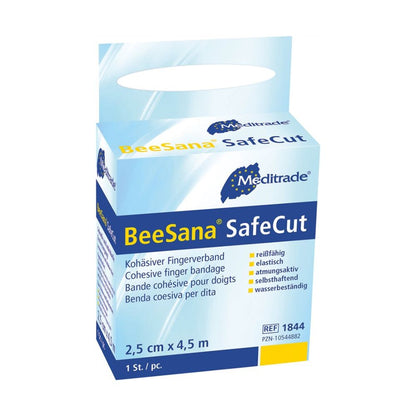 Η εικόνα δείχνει έναν επίδεσμο δακτύλου BeeSana© SafeCut της Meditrade GmbH σε μπλε-κίτρινη συσκευασία με την επιγραφή «Fingerverband» και «latexfrei». Μετρά 2,5 cm x 4,5 m με ένα ρολό μέσα, περιέχει πολυγλωσσικό κείμενο και φέρει τον αριθμό αναφοράς 1844 για ανάγκες προστασίας πληγών.