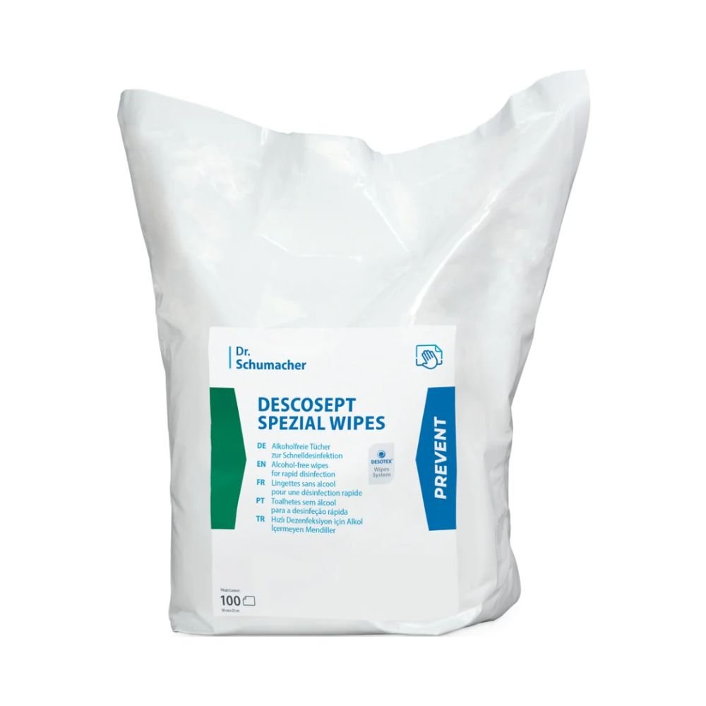 Τα DESCOSEPT SPEZIAL WIPES της Dr. Schumacher GmbH παρέχονται σε λευκή-μπλε πλαστική συσκευασία με 100 απολυμαντικά μαντηλάκια και διαθέτουν πολυγλωσσικές οδηγίες, που υποδεικνύουν ότι αυτά τα απολυμαντικά μαντηλάκια είναι απαραίτητα ιατρικά προϊόντα για σχολαστική καθαριότητα.