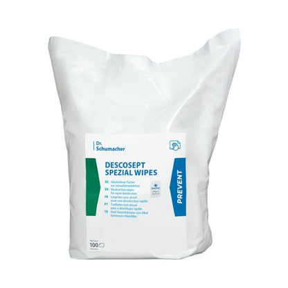 Τα DESCOSEPT SPEZIAL WIPES της Dr. Schumacher GmbH παρέχονται σε λευκή-μπλε πλαστική συσκευασία με 100 απολυμαντικά μαντηλάκια και διαθέτουν πολυγλωσσικές οδηγίες, που υποδεικνύουν ότι αυτά τα απολυμαντικά μαντηλάκια είναι απαραίτητα ιατρικά προϊόντα για σχολαστική καθαριότητα.