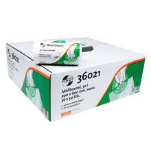 Eine Schachtel DEISS First Plus® Müllbeutel wird mit einer Beutelrolle obenauf ausgestellt. Die Verpackung gibt an, dass jeder Beutel 30 Liter fasst und 500 x 600 mm misst. Die Farbe der Beutel ist weiß. Die Schachtel hebt die Marke DEISS First Plus mit einem Easy Opener-Design hervor und trägt die Produktnummer 36021 mit grünem Branding der EMIL DEISS KG (GmbH + Co.).