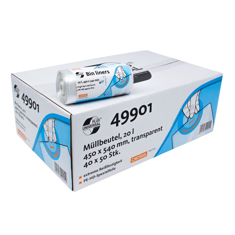 Σε ένα κουτί με την επιγραφή «DEISS Universal Plus® Σακούλες απορριμμάτων 20 λίτρων, 49901» περιλαμβάνεται ένας ρόλος διαφανών σακουλών απορριμμάτων. Αυτές οι ανθεκτικές σακούλες 20 λίτρων έχουν διαστάσεις 450 x 540 mm και είναι κατασκευασμένες από ειδική μεμβράνη HDPE. Η συσκευασία αναδεικνύει τις λειτουργίες DEISS Universal Plus σε πολλές γλώσσες και κατασκευάστηκε από την EMIL DEISS KG (GmbH + Co.).