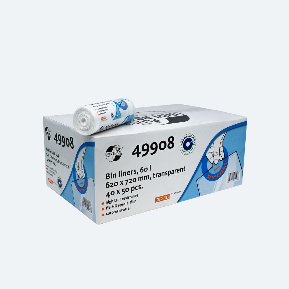 Ένα κουτί και ένας ρολός διαφανών σακουλών απορριμμάτων DEISS Universal Plus® 60 λίτρων με την επιγραφή «49908», κατασκευασμένα από την EMIL DEISS KG (GmbH + Co.). Το κουτί περιέχει 40 ρολά με χωρητικότητα 60 λίτρων το καθένα και διαστάσεις 620 x 720 mm. Η συσκευασία από HDPE χαρακτηρίζεται από ιδιότητες όπως υψηλή αντοχή στο σχίσιμο και ουδετερότητα CO2.