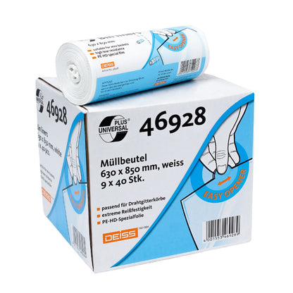 Το προϊόν είναι μια συσκευασία DEISS Universal Plus® σακούλα απορριμμάτων 80 λίτρων, 46928 από την EMIL DEISS KG (GmbH + Co.), με έναν συμπαγή ρολό στην κορυφή. Η εξαιρετικά ανθεκτική σακούλα απορριμμάτων με διαστάσεις 630 x 850 mm περιέχει 40 σακούλες σε 9 ρολά και διαθέτει τη λειτουργία «Easy Opener», καθιστώντας την ιδανική για κάδους απορριμμάτων με σύρμα.