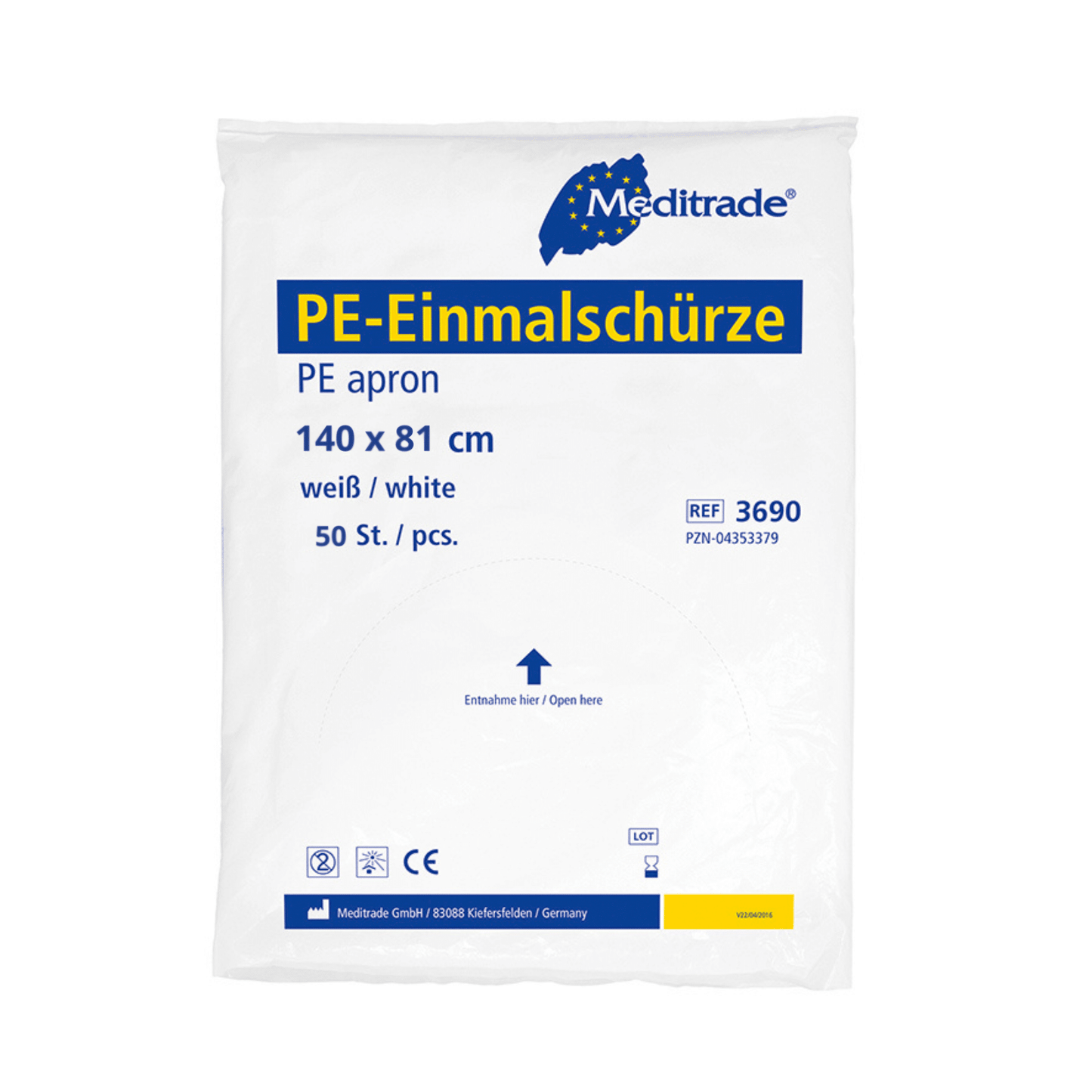 Μια συσκευασμένη Meditrade PE Einmalschürze σε λευκό, με ετικέτα με τις διαστάσεις «140 x 81 εκ.», πληροφορίες προϊόντος και το λογότυπο της εταιρείας, που υποδεικνύει ότι περιέχει Meditrade PE Einmalschürze (λευκή) – 100 τεμάχια από Meditrade GmbH.