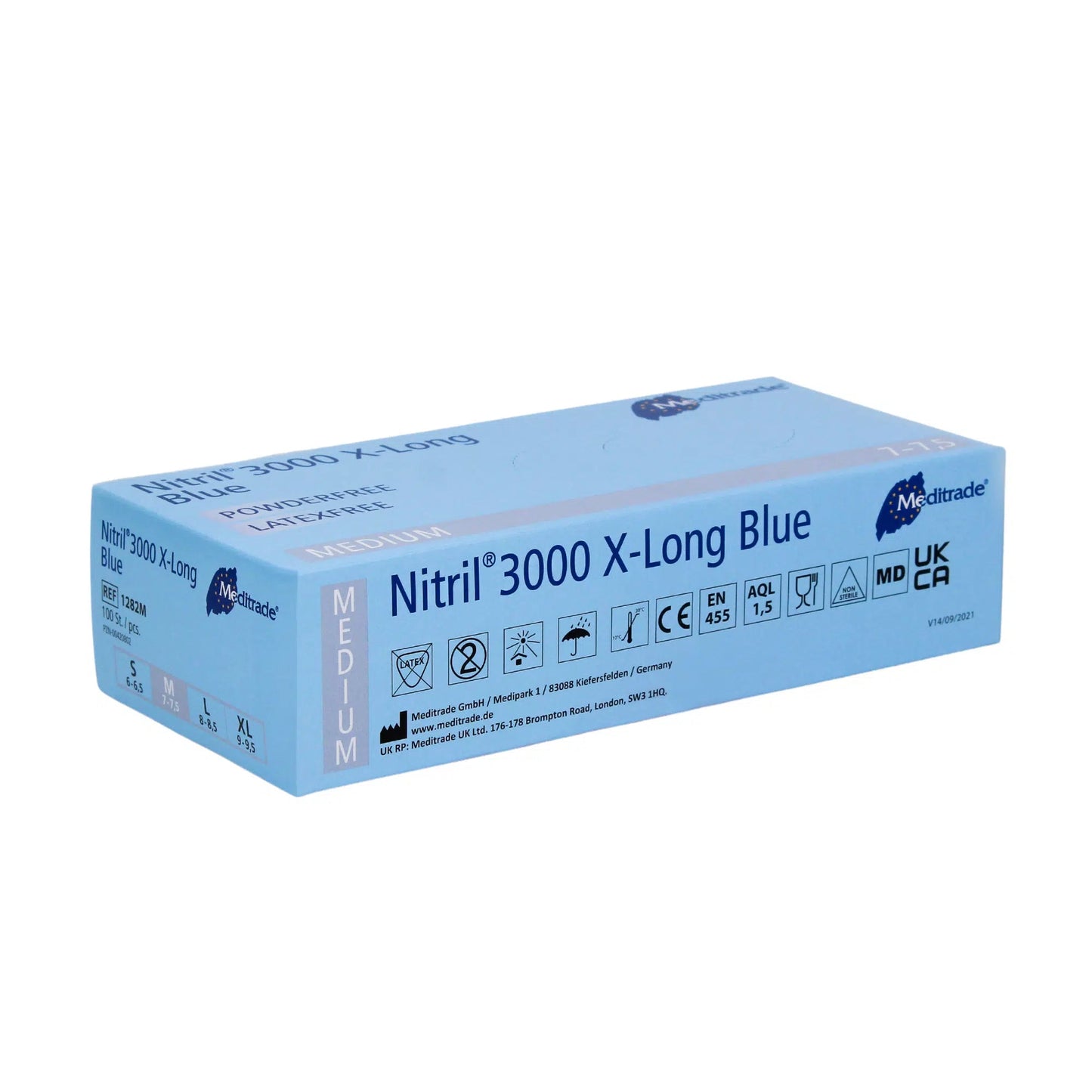 Ένα κουτί Meditrade Nitril® 3000 X-Long 100 τεμ. Νιτριλίου γάντια επιμήκη, μπλε σε μέγεθος Medium, με μπλε συσκευασία με λεπτομέρειες προϊόντος και πιστοποιήσεις. Αυτά τα νιτριλίου γάντια προσφέρουν προστασία από την Meditrade GmbH.